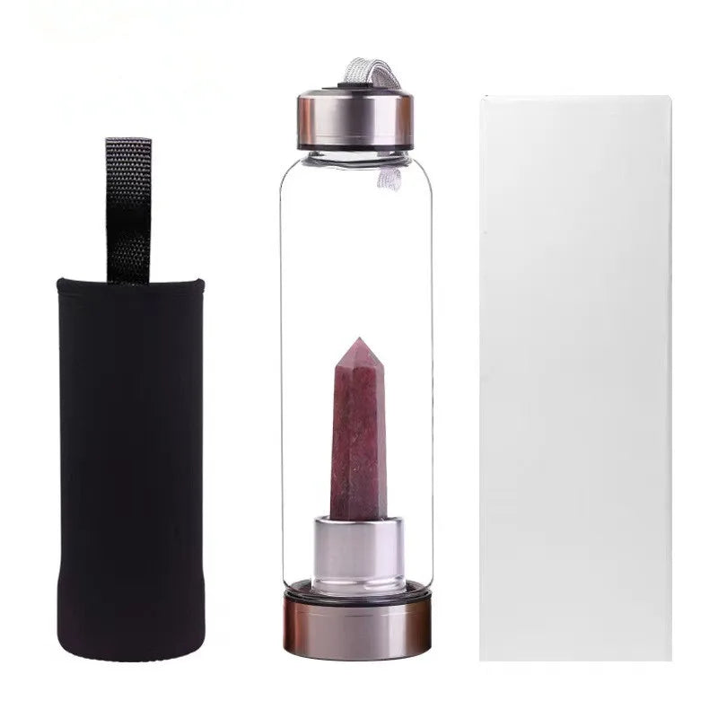 Energy Water Bottle Spiritual With Sleeve Natural Crystal Stone Point Healing Obelisk Wand Elixir Quartz Glass Gemstone