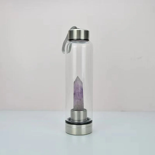 Energy Water Bottle Spiritual With Sleeve Natural Crystal Stone Point Healing Obelisk Wand Elixir Quartz Glass Gemstone