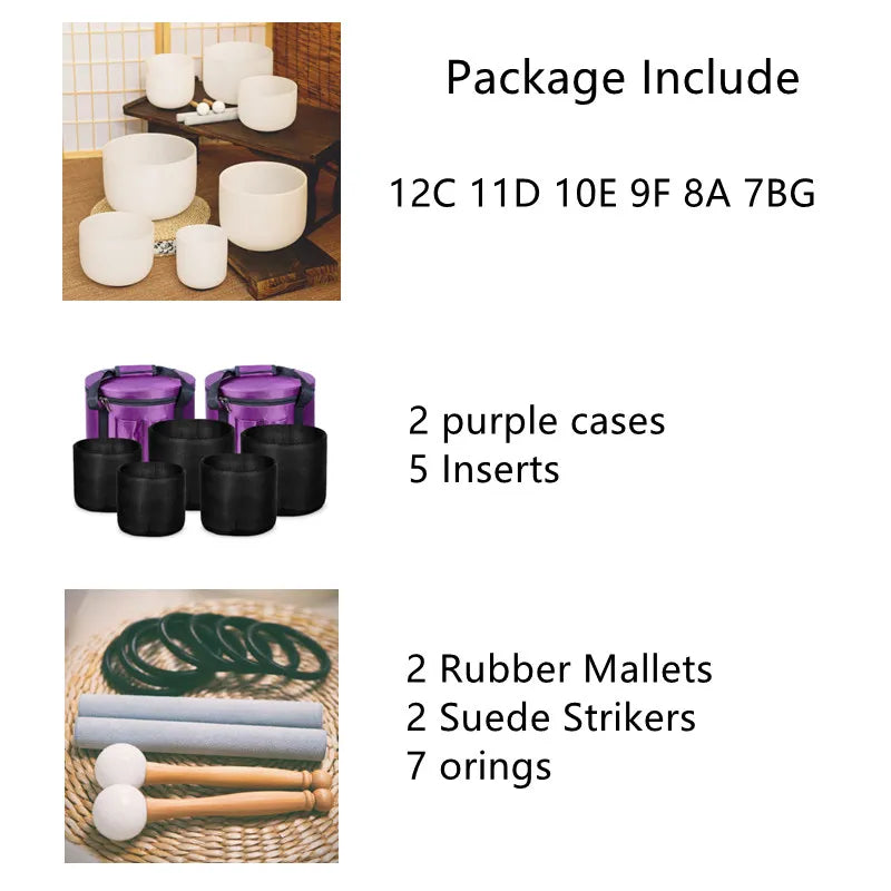 KVKA 7-12 Inch Note CDEFGAB Set of 7PCS Chakra Frosted Quartz Crystal Singing Bowl With Free Case